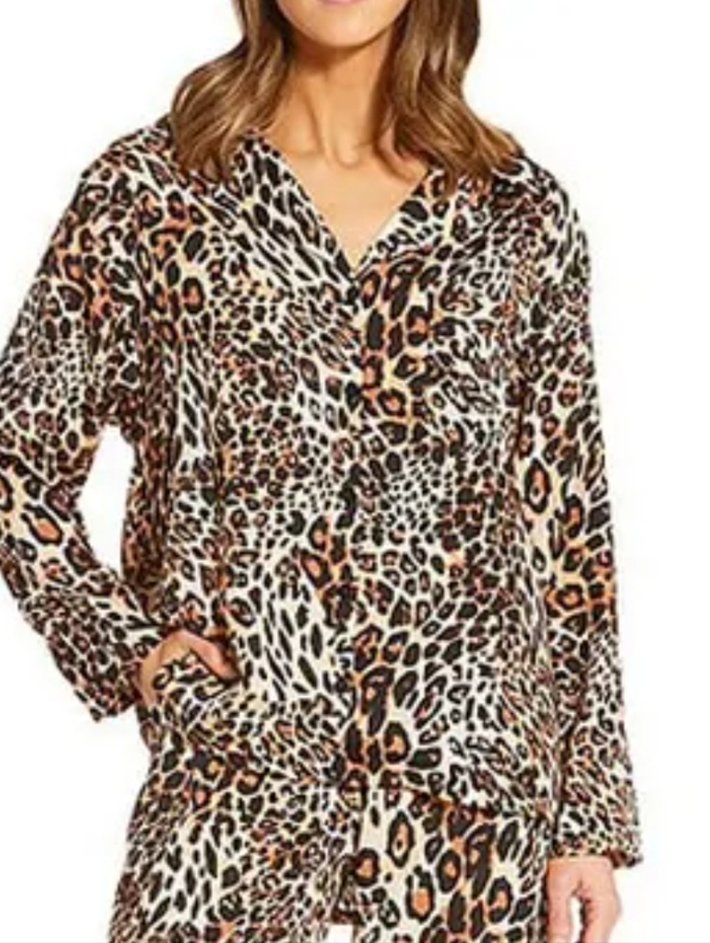 Leopard Print Button-Front Blouse in Beige, Black & Brown
